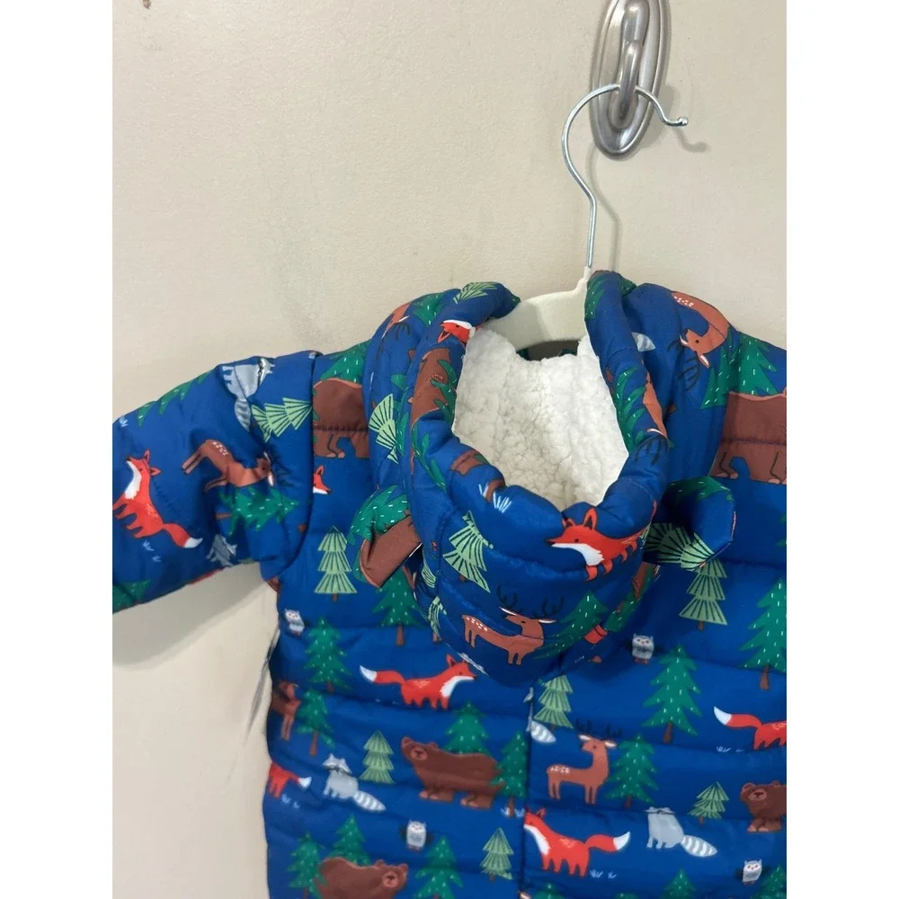 The Childrens Place Kids 0-3M Snowsuit Woodland Animal Puffer Bunting Blue